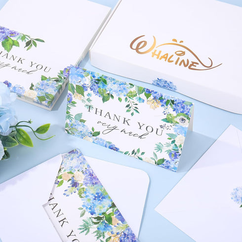 50 Pack Summer Whaline Hydrangea Thank You Cards Bulk Boxed Greeting Card Spring Blue Purple Floral Blank Note Cards