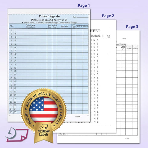 3-Part 25 Sets, 625 NextDayLabels Patient Sign-in Sheets - HIPAA Compliant, Carbonless NCR Forms - Labels