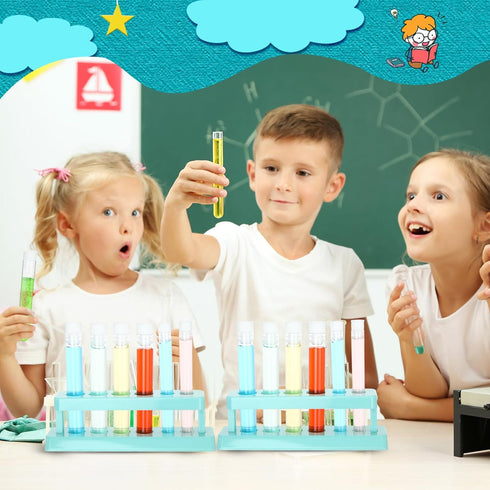 2 Sets Clear Plastic Test Tubes with Caps and Rack, 6 Holes Holder for Nurse Party Decorations, Scientific Experiments