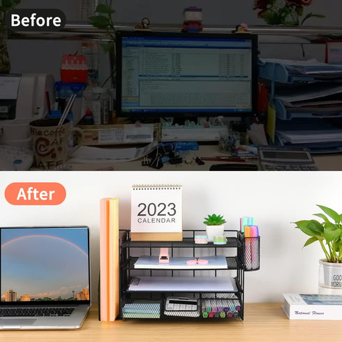 Desk Organizers and Accessories, Workspace Organizers for Office Supplies, 2 Pen Holders, 4 Tier Paper Organizer for