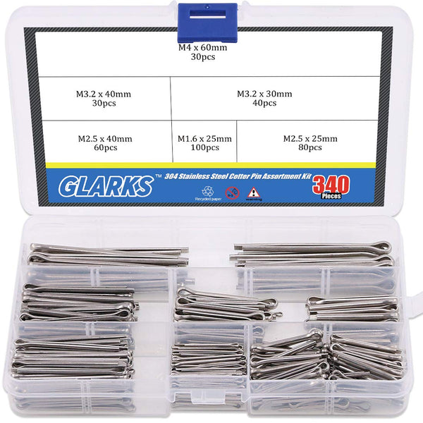 Glarks 340-Pieces 304 Stainless Steel Cotter Pin Clip Assortment Kit, 6 Sizes for Automotive, Mechanics, Repair