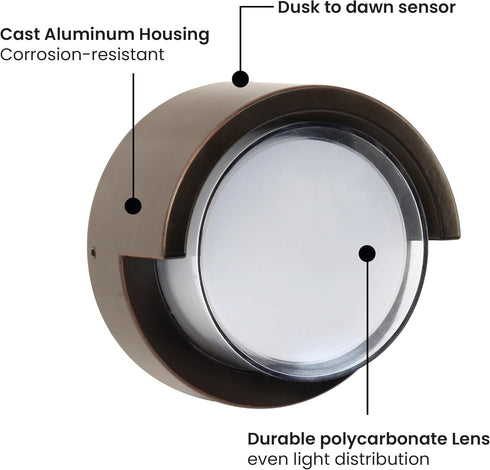 5000K 50,000-Hour S5RWM/850/DD/BZ Feit Electric Outdoor LED Wall Sconce, Round Wall Mount Light Fixture, Dusk-to-Dawn