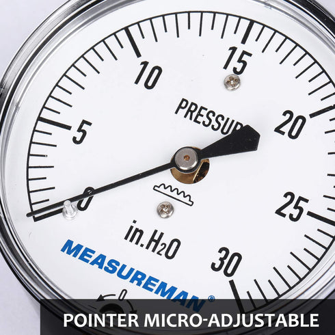 MEASUREMAN Diaphragm Type Capsule Low Pressure Gauge 2-1/2" Dial, 1/4" NPT Lower Mount, Adjustable, 0-30 in H2O