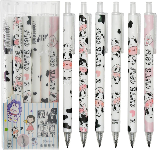 Maydahui 12Pcs Cartoon Milk Cow Eternal Pencils - Retractable HB 0.5mm Cow Print Everlasting Pencils