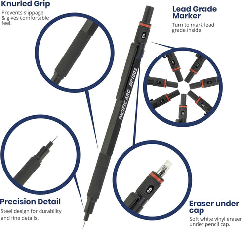 Pacific Arc Chromagraph .3 mm Metal Mechanical Pencil: Black Barrel with Adjustable Pencil Grade for Drafting