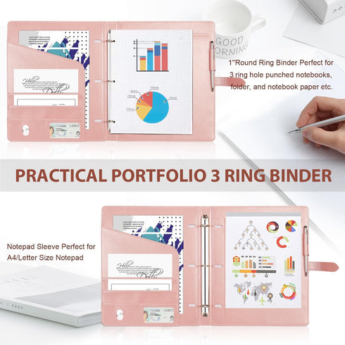 Toplive Padfolio 3 Ring Binder Organizer for Women, A4 Letter Size PU Leather Portfolio, Rose Gold