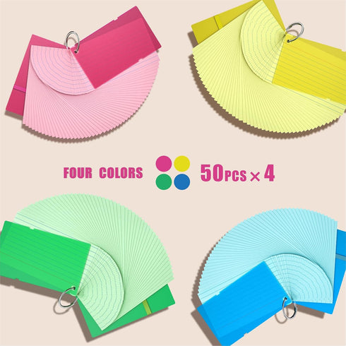 YIZUUN 3x5, 200 3x5 Colored Index Cards Flash Cards with Ring, PCS, Ruled Note Cards, Flash Cards for Studying, Note