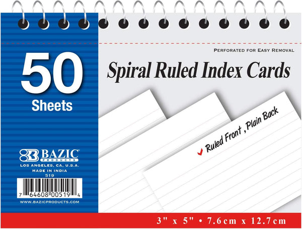 BAZIC PRODUCTS B 50 Ct. Spiral Bound 3" X 5" Ruled White Index Card