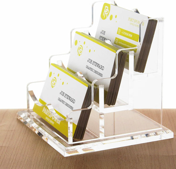 PARTSPOWER Acrylic Business Card Holder - Horizontal Clear Display Stand, Desk Accessory Organizer (3-Slot)
