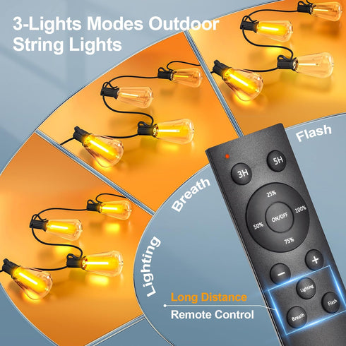 50Ft 15M Dimmable ST38 Bulb Outdoor String Led Patio Lights - Outside Waterproof Light With Remote Shatterproof