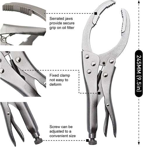 Locking Grip Oil Filter Wrench, 9.5in/240mm, Chrome Vanadium Steel
