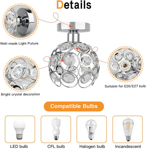 Zevnico Closet Silver Mini Chandelier Light Fixture, Crystal Ceiling Light, Semi Flush Mount Hallway Lights, Small