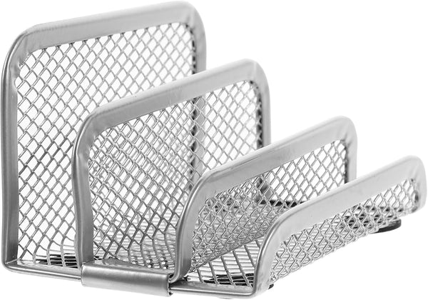 NUOBESTY Metal Mesh Vertical Book Organizer Desk Mail Sorter, Small Rack with Upright Compartments - Silver