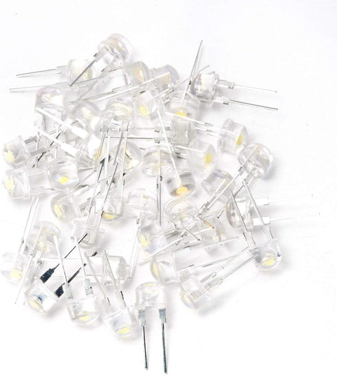 CHANZON 50 pcs 8mm White LED Diode Lights (Straw Hat Clear Transparent DC 3V 250mA) for Electronics Components