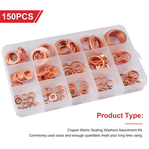 150Pcs Copper Sealing Washers M22 M20 M18 M16 M14 M12 M10 M8 M6 M5 Assortment Kit