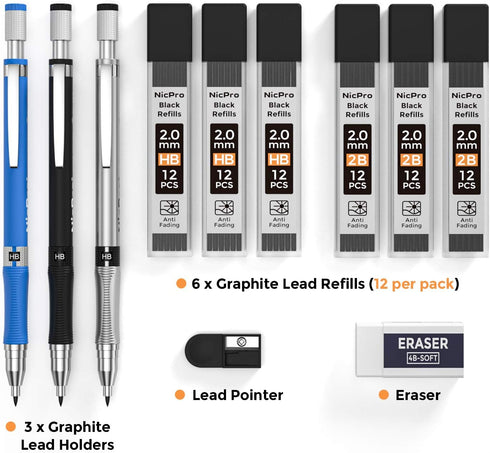 Nicpro 11 Pieces 2mm Mechanical Pencil Set, 3 PCS Carpenter Drafting Pencil for Art Drawing Writing with Refill
