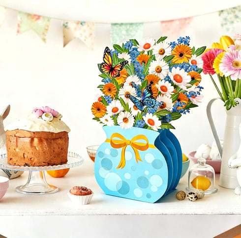 Caughttui 3D Blue Daisy Pop Up Card - Floral Vase Card, Paper Flower Gifts for Women, Mom, Wife, Grandma (Get Well
