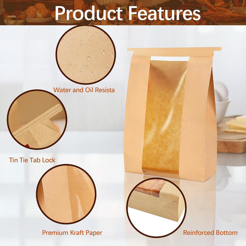 100 Pack 100 Packaging 13.7 8.3 3.5 Paper Bread Bags for Homemade Bread with Window and Label Stickers,Sourdough Bread