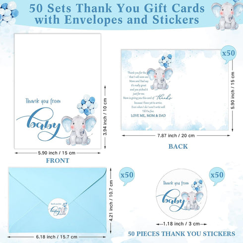 Zhanmai 50 Sets 50 50 50 Baby Shower Thank You Gift Cards Elephant Themed Baby Shower Thank You Notes with Envelopes