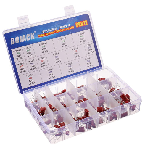 BOJACK 15 Values 150 Pcs Metallized Polypropylene Film DC Capacitor, 400V/0.01uF ~ 0.56uF, 630V/0.001uF ~ 0.068uF