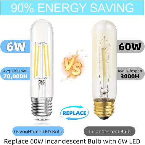 Bulb Dimmable 4000K 6W, 60 E26 Bulbs, T10 Bulbs 90+CRI 600LM, 6 Pack GvvooHome Tubular LED Edison Neutral White, watt