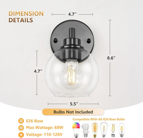 Dogvsme 1-Light E26 Bulb (Bulb Black Bathroom Vanity Lights, Wall Sconce with Glass Globe Shade, Vanity Lighting