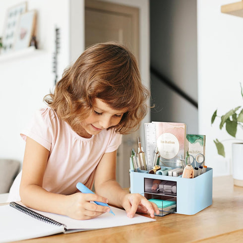 Pencil Pen Holder for Desk, 2 Drawer Organizer with 5 Compartments for Office Supplies