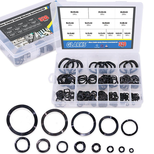 Glarks 320Pcs Wavy Wave Crinkle Spring Washers Assortment Kit, Carbon Steel Compression Type