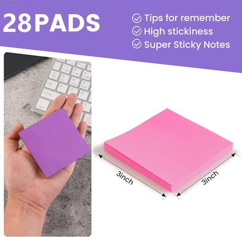 Sticky Notes 3 x 3 in, 28 Pads with Bright Colorful Super Sticking Power, 72 Sheets/pad