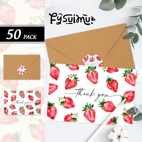 50 Pack Summer 4 6 Inch FYSUIMU Strawberry Thank You Card Watercolor Fruit Greeting Cards with Envelopes Stickers Blank
