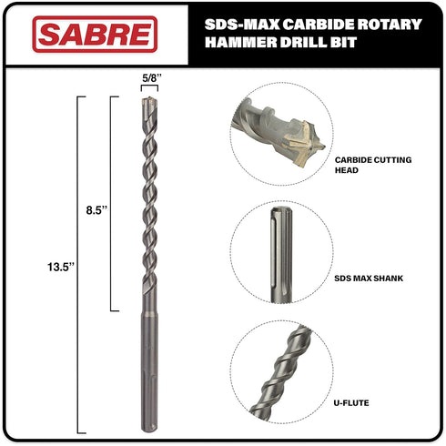 Sabre Tool SDS MAX Rotary Hammer Drill Bit 5/8 Inch x 13 Inch, U-Flute, Carbide Tipped for Brick, Stone, Concrete