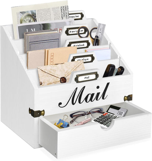 Wood Mail Organizer Countertop, Desktop Mail Holder with 4 Compartments and Drawer, File Organizer Wall Mount, Desk