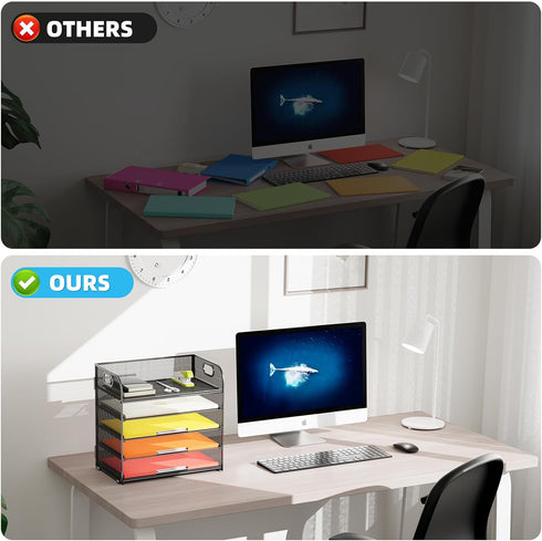 Mesh 5 Tray Desk File Organizer with Handle, Desktop Storage for Letter/A4 Office File Folder