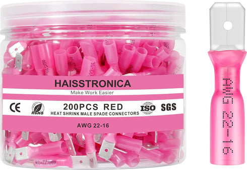 haisstronica 200PCS Red Heat Shrink Male Spade Connectors, AWG 22-16, Electrical Quick Disconnect Wire Connectors Kit
