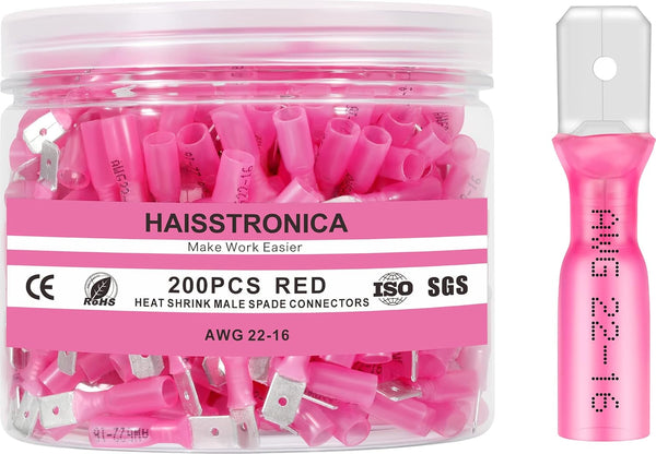 haisstronica 200PCS Red Heat Shrink Male Spade Connectors, AWG 22-16, Electrical Quick Disconnect Wire Connectors Kit