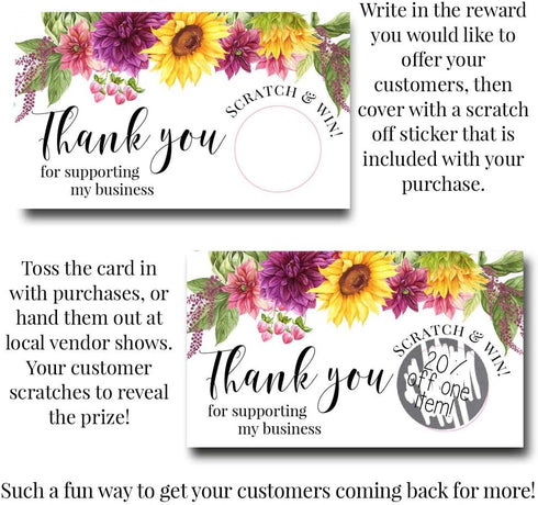 Sunflowers & Dahlias Floral Scratch & Win Package Inserts, 20 Single Sided Insert Cards for Small Businesses