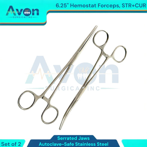 Avon Surgical Pack 2pcs (6.25 Inches) of - Hemostat Clamp Forceps with Serrated Jaws, Curved + Straight, Autoclave-Safe