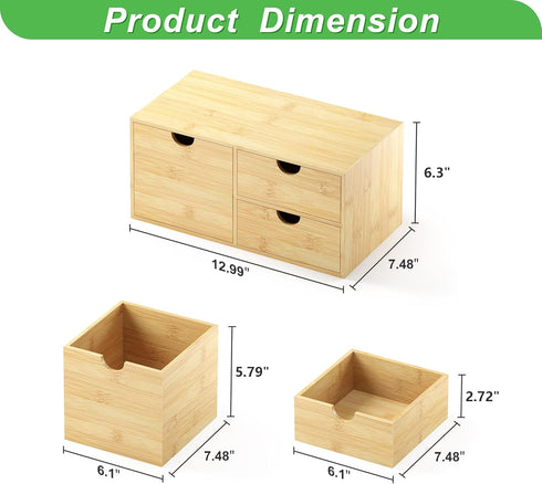 Bamboo Desk Organizer with Drawers, Mini Tabletop Storage Container for Home Office, No Assembly Required