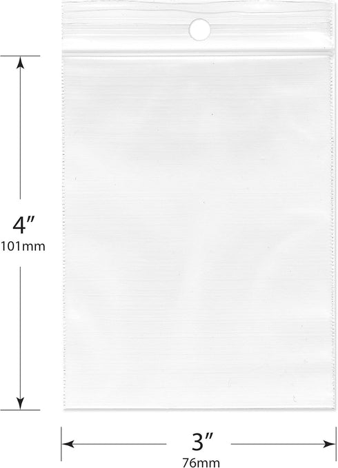 Plymor 3" x 4" Reclosable Plastic Bags, Case of 1,000, 2 Mil with Hang-Hole