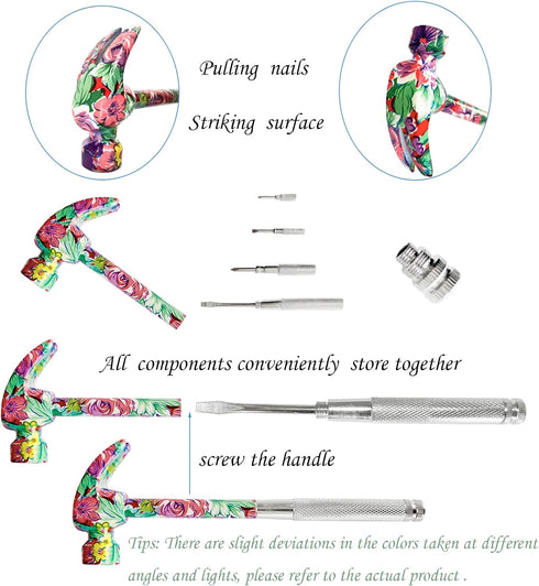 Floral Hammer & Screwdriver 6 in 1 Small Hammer Screwdriver Tool, Multitool Hammer, Hand Tools Hammer Set with Screwdriver Hammers, Mini Hammers, Best Gift Hammer for Sweetheart (pink) by LASUND
