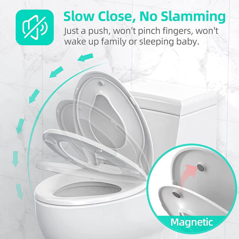 JINGZE Elongated Toilet Seat Adult/Child,Built-In Potty Training Seat, Soft Quiet Close Non-Slip Seat, Easy to Install
