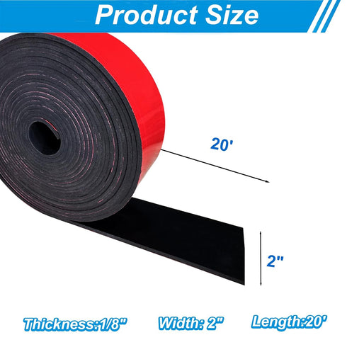Adhesive Rubber Strips 2" Wide x 1/8" Thick x 20' Long, Neoprene Rubber Sheets with Adhesive Backing for DIY Gaskets