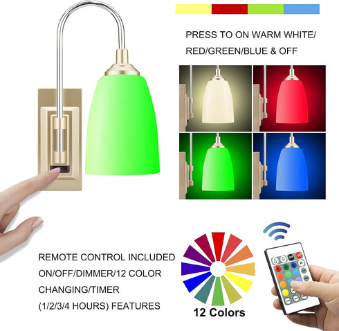 Bathroom,12 HONWELL Wall Lamp Wireless Battery LED Wall Sconces Indoor Multi Color Wall Sconce Light Fixture for Room