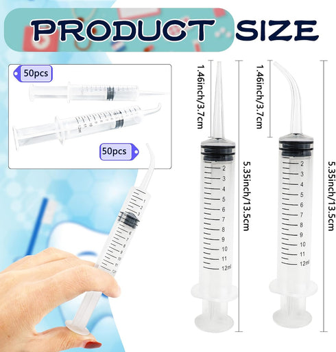 Conagel 100 12ml Pcs Plastic Syringes with Curved Tip and Straight Tip Disposable Irrigation Syringe with Measurement