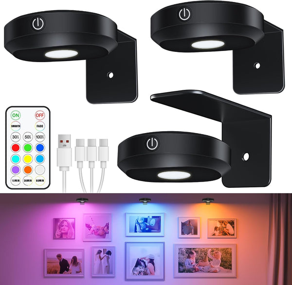 WILLED RGB Lights,Poster Lights,Battery Operated Rechargeable Picture Light,Puck Light with Remote,9 RGB