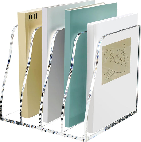 SANRUI Acrylic Desk File Organizer, 4 Vertical Compartments Clear Magazine Holder for Office Accessories Organization
