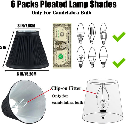 Set 6,Mini 3" 6" x5" Bulb,Pleated Bulb(Black) Chandelier Shades of Lamp Shade Top x Bottom Slant,Small Lamp Shades Clip