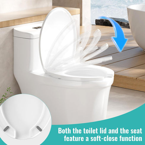 (16.53x14.37) White toilet seat, with soft-close hinges, non-slip pads, made of plastic, durable and easy to clean