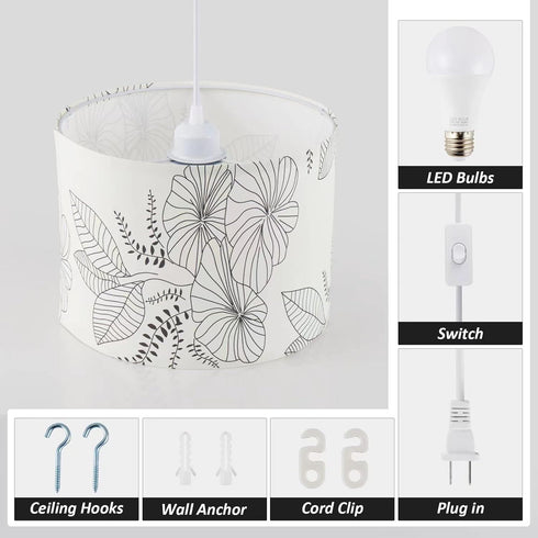 CCKZQYR 15 3 Bulb Plug in Pendant Light, FT Hanging Lamp with Plug in Cord, On/Off Switch, Flower Fabric Shade, Color