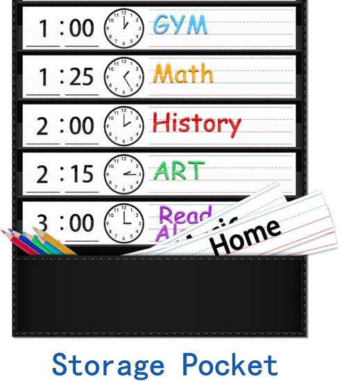 ZKOO Daily Schedule Pocket Chart, School Smart with 18 Blank Double-Sided Reusable Cards, 13+1 Pocket (Black)